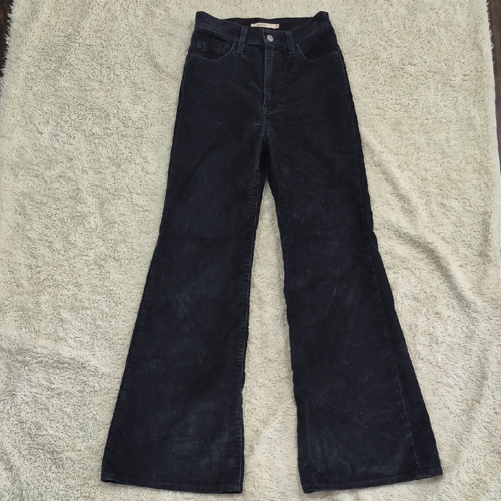 LEVI'S ribcage Bell Cords 25 Navy Corduroy High Waist Wide Leg Pant Levi Strauss - Picture 2 of 7